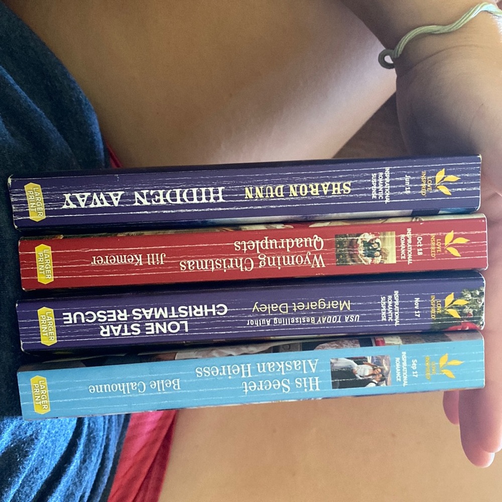 romance books, baby book, and murder mystery books